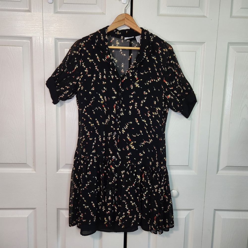 Newport News Vintage 90s Floral Drop Waist Button Front Dress Black Size Med
